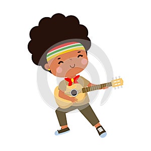 cute little boy scout playing guitar, Happy kid girl scout honor uniform summer camp cartoon flat character isolated vector d