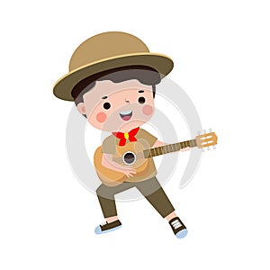 cute little boy scout playing guitar, Happy kid girl scout honor uniform summer camp cartoon flat character isolated vector d