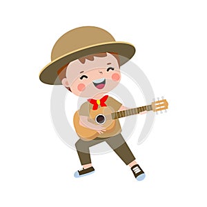 cute little boy scout playing guitar, Happy kid girl scout honor uniform summer camp cartoon flat character isolated vector d