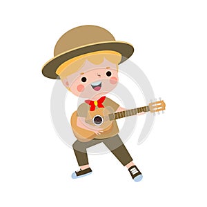 cute little boy scout playing guitar, Happy kid girl scout honor uniform summer camp cartoon flat character isolated vector d