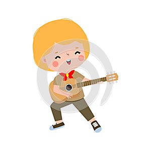 cute little boy scout playing guitar, Happy kid girl scout honor uniform summer camp cartoon flat character isolated vector d