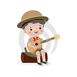 cute little boy scout playing guitar, Happy kid girl scout honor uniform summer camp cartoon flat character isolated vector d