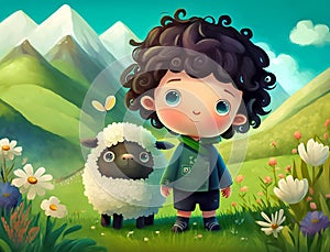 Cute little boy with sheep in the meadow on the mountins background. Close-up illustration for children\'s book.