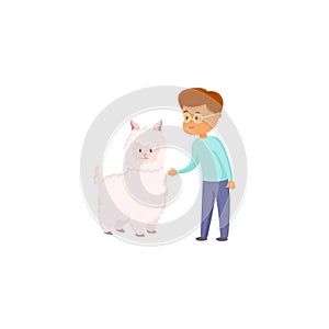 A cute little boy with a sheep. Raster illustration in flat cartoon style