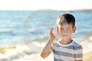 Cute little boy with shell on sea beach