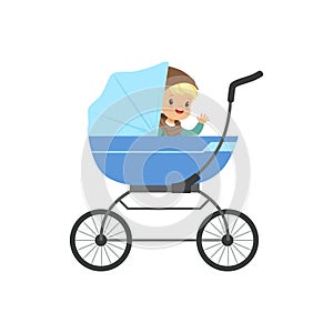 Cute little boy sitting in a blue baby pram, safety handle transportation of small kids vector illustration