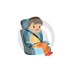 Cute little boy sitting in blue car seat, safety car transportation of small kids vector illustration