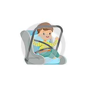 Cute little boy sitting in car seat, safety car transportation of small kids vector illustration