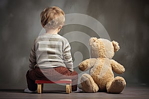 Cute little boy sitting on the floor with teddy bear toy, rear view of babysitting Toddler beside his teddy bear, AI Generated