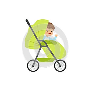 Cute little boy sitting in a green baby pram, safety handle transportation of small kids vector illustration