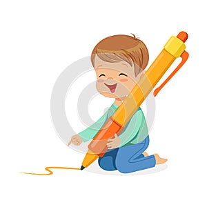 Cute little boy sitting on his knees and writing with giant orange pen cartoon vector Illustration