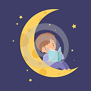 Cute Little Boy Sitting on the Moon at Night Sky and Reading a Book Vector Illustration