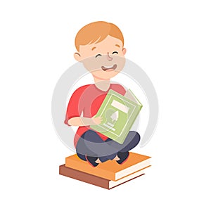 Cute Little Boy Sitting on Pile of Books and Reading, Preschool Boy Enjoying Literature, Kids Education Concept Cartoon
