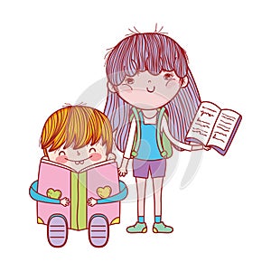 Cute little boy sitting reading book and girl with open book