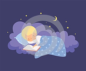 Cute Little Boy Sleeping on a Cloud under the Blanket with Open Book Vector Illustration