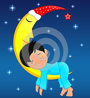 Cute little boy sleeping on moon