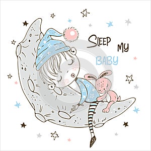 Cute little boy sleeping sweetly on the moon. Vector