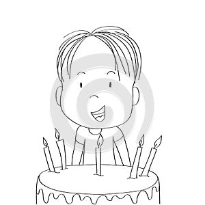 Cute little boy smiling happily, celebrating birthday, b-day chocolate cake with seven candles in front of him