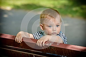 Cute little boy standing in the park on a bench standing and looking thoughtfully at the camera