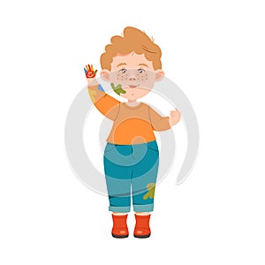 Cute Little Boy Standing in Spotted with Color Paints Clothes Having Smile on His Palm Vector Illustration