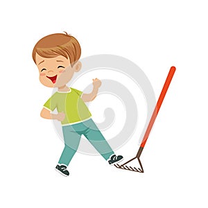 Cute little boy stepping on the rake vector Illustration on a white background