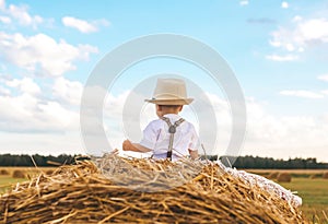 Cute little boy in straw hat is sitting on a haystack in the field and enjoys sunset. Back view