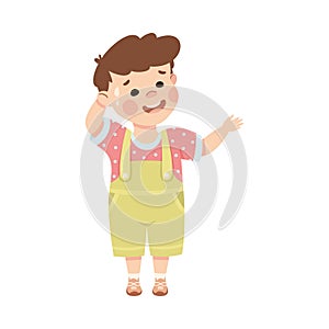 Cute little boy sweating. Scared brown haired boy dressed jumpsuit cartoon vector illustration