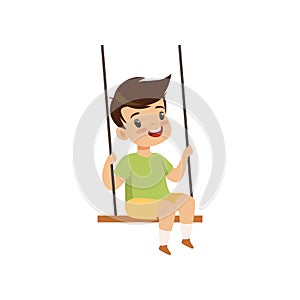 Cute little boy swinging on a rope swing, kid having fun outdoor vector Illustration on a white background