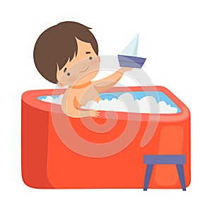 Cute Little Boy Taking Bath and Playing with Boat in Bathtub Full of Foam, Adorable Kid in Bathroom, Daily Hygiene