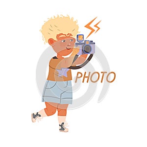 Cute little boy taking photo with camera cartoon vector illustration on white background