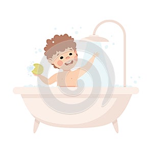 Cute little boy taking shower in bathtub. Happy kid doing everyday hygiene activities cartoon vector illustration