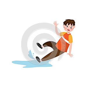 Cute little boy is tear and falling knee pain isolated on background. Vector illustration in flat cartoon style