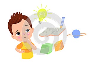 cute little boy thinking and finding solution to problem. Vector illustration