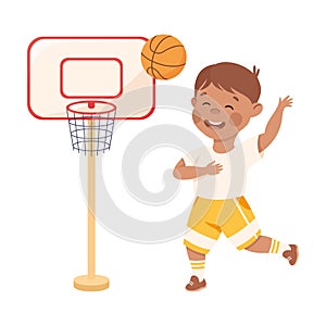Cute Little Boy Throwing Ball in Basket Playing Basketball Practicing Sport and Physical Activity Vector Illustration