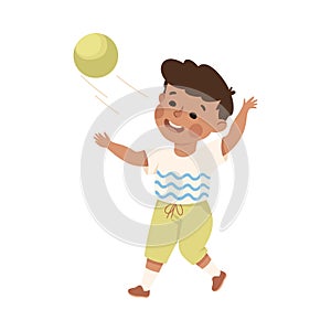 Cute Little Boy Throwing Ball Playing Outdoors Vector Illustration