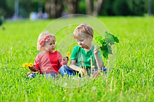 Cute little boy and toddler girl playing on green grass