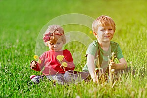 Cute little boy and toddler girl playing on green grass