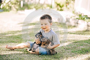 Cute little boy and two puppies sitting and playing on the grass in summer