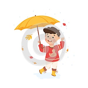 Cute little boy walking with umbrella in rain. Happy kid playing outdoors cartoon vector illustration