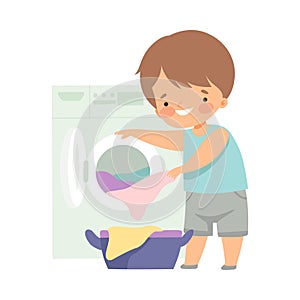 Cute Little Boy Washing Clothes with Washing Machine, Adorable Kid Doing Housework Chores at Home Vector Illustration