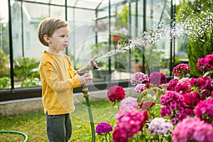 Cute little boy watering flower beds in the garden at summer day. Child using garden hose to water vegetables. Kid helping with