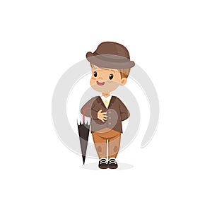 Cute little boy wearing brown suit and hat holding umbrella, young gentleman dressed up in classic retro style vector