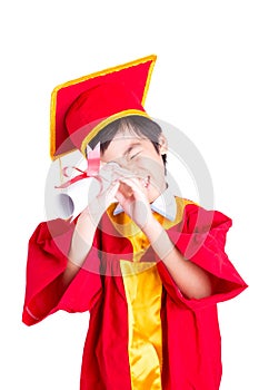 Cute Little Boy Wearing Red Gown Kid Graduation With Mortarboard