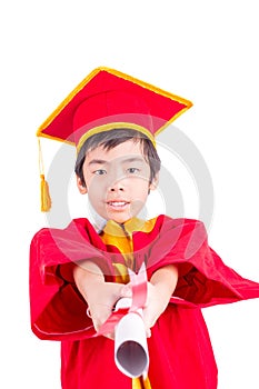 Cute Little Boy Wearing Red Gown Kid Graduation With Mortarboard