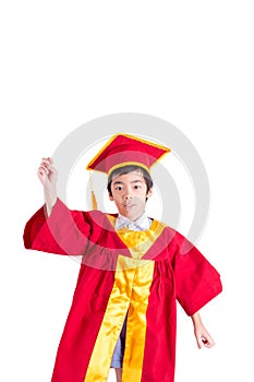 Cute Little Boy Wearing Red Gown Kid Graduation With Mortarboard