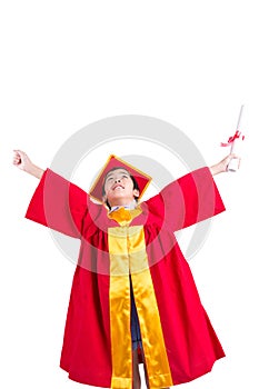 Cute Little Boy Wearing Red Gown Kid Graduation With Mortarboard