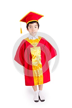 Cute Little Boy Wearing Red Gown Kid Graduation With Mortarboard