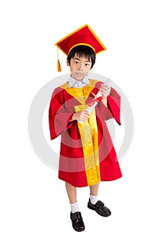 Cute Little Boy Wearing Red Gown Kid Graduation With Mortarboard