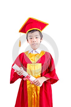 Cute Little Boy Wearing Red Gown Kid Graduation With Mortarboard