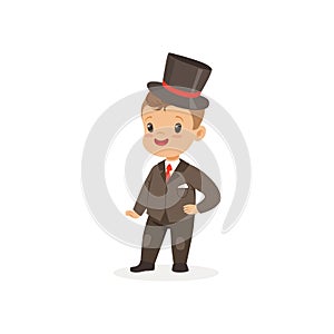 Carino poco ragazzo logorante un abito un nero un cappello giovane Vestito su classico stile vettore illustrazioni 